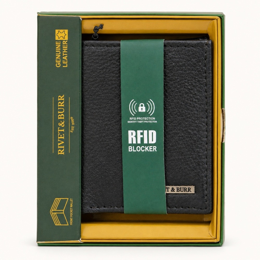 Rivet & Burr Mens Black Genuine Leather RFID Blocking Front Pocket Bifold Wallet